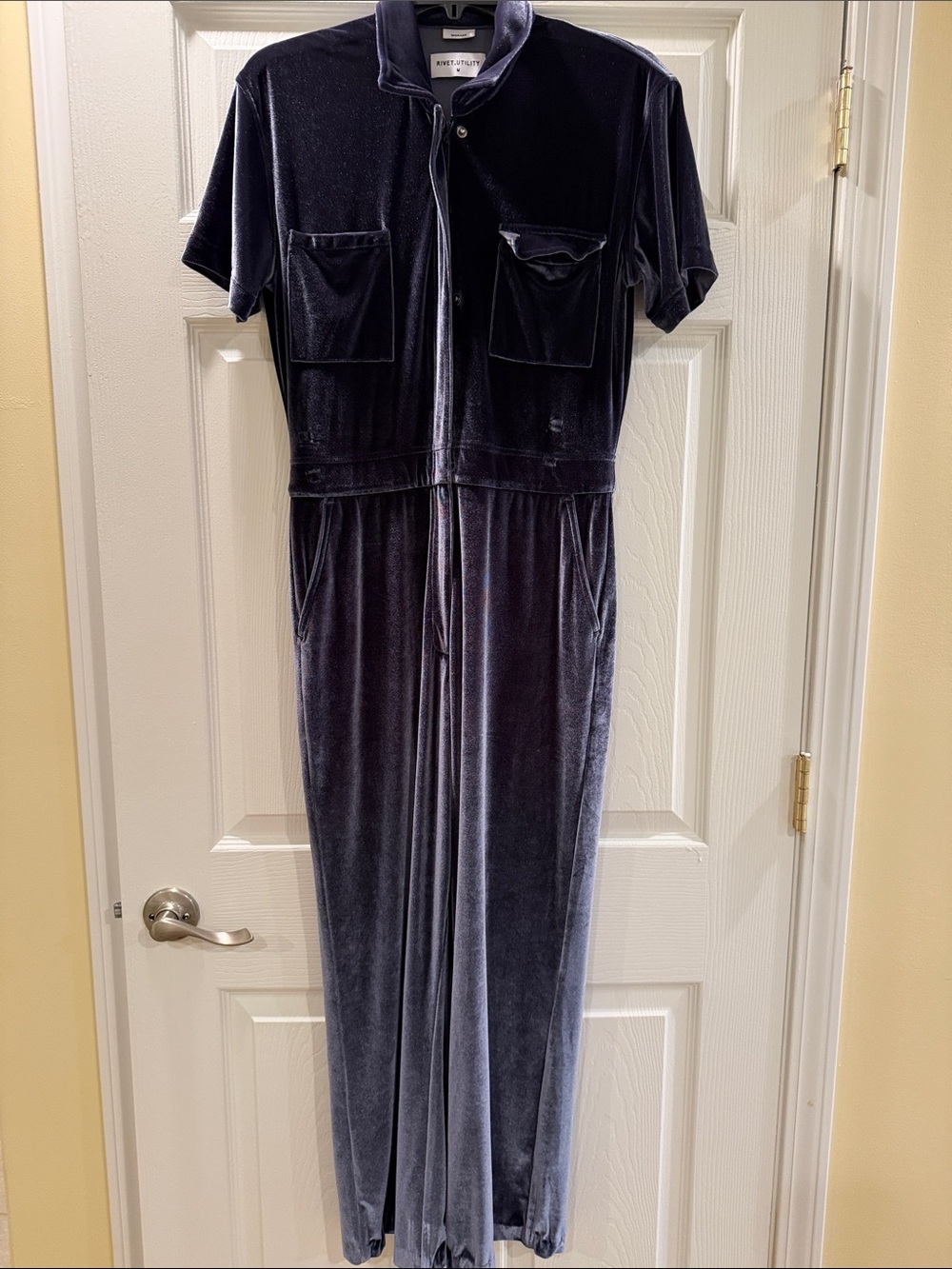 Short-Sleeve Velvet Jumpsuit in Deep Navy by White House Black Market